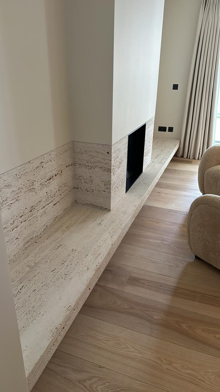 ROMANO BIANCO UNFILLED & SANDBLASTED TRAVERTINE - FIREPLACE CLADDING & SHELVES