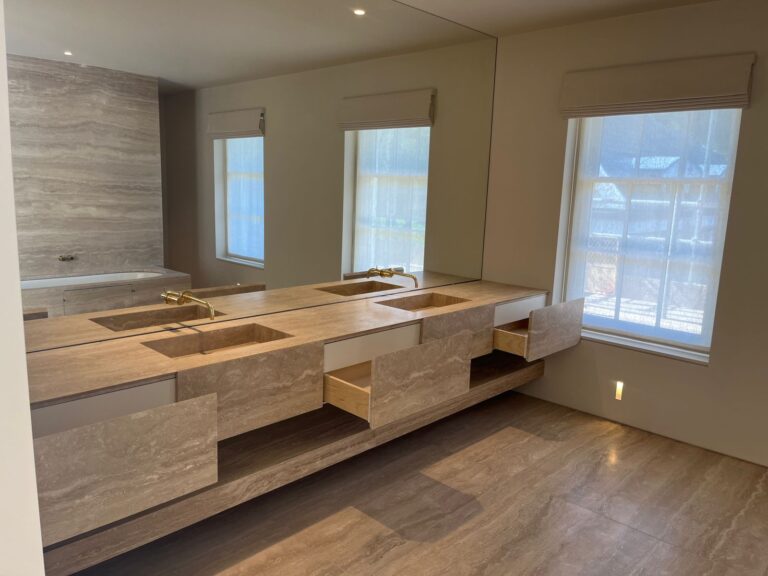 ROMANO BIANCO VC MASTIC FILLED&HONED TRAVERTINE VANITY UNIT, STONE SINKS, STONE DRAWERS 8