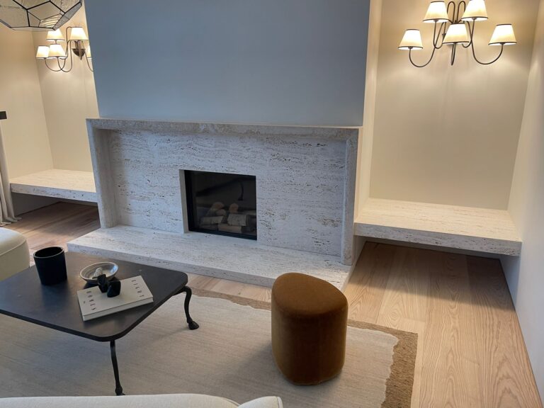 ROMANO BIANCO VC UNFILLED & SANDBLASTED TRANVERTINE FIREPLACE - SLABS & BLOCK STIPS