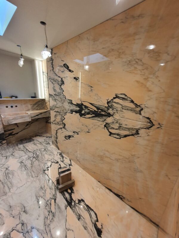 ROSA PORTUGAL MARBLE BESPOKE BATHROOM BOOKMATCHED WALLS FLOOR INSTALLATION